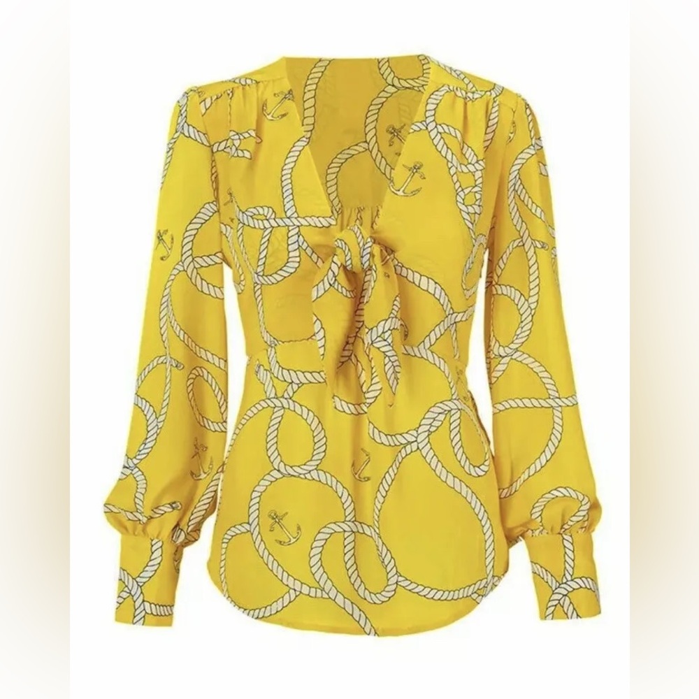Cabi 5707 Yellow Reef Knot Nautical Rope & Anchor Long Sleeve Blouse Size Small